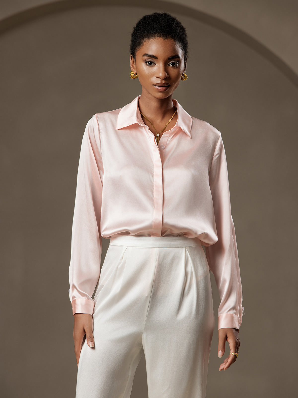 [Lyserød] SilkSilky-DK 19Momme Silke Womens Shirt 005
