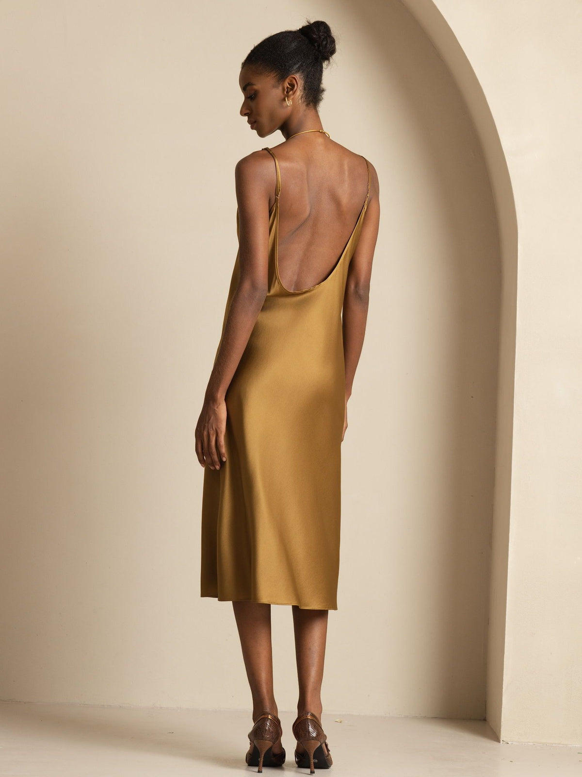 [Brun] SilkSilky-DK Sleeveless U hals Kjole 002