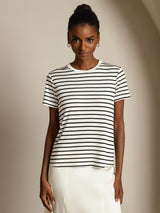 [Hvid Stribe] SilkSilky-DK Short Sleeve Crew Neck T-shirt til kvinder 003