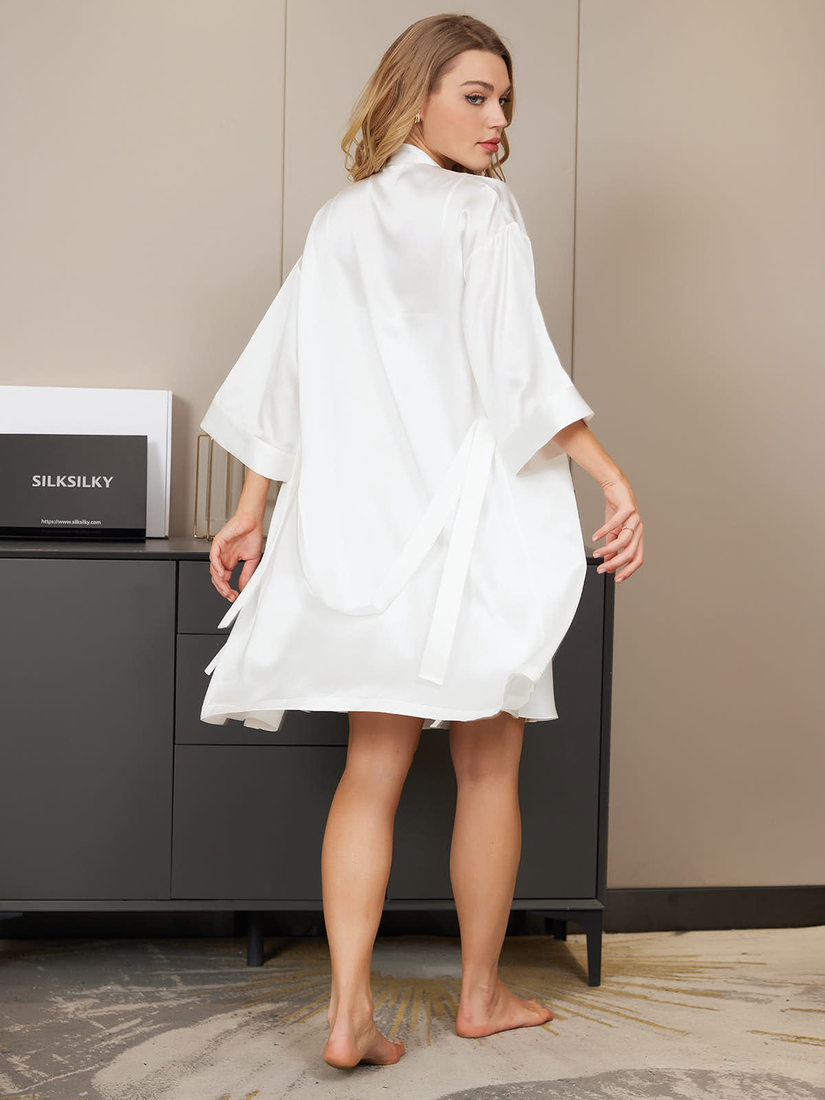 [Hvid] SilkSilky-DK Silke Nightgown&Robe Set 002