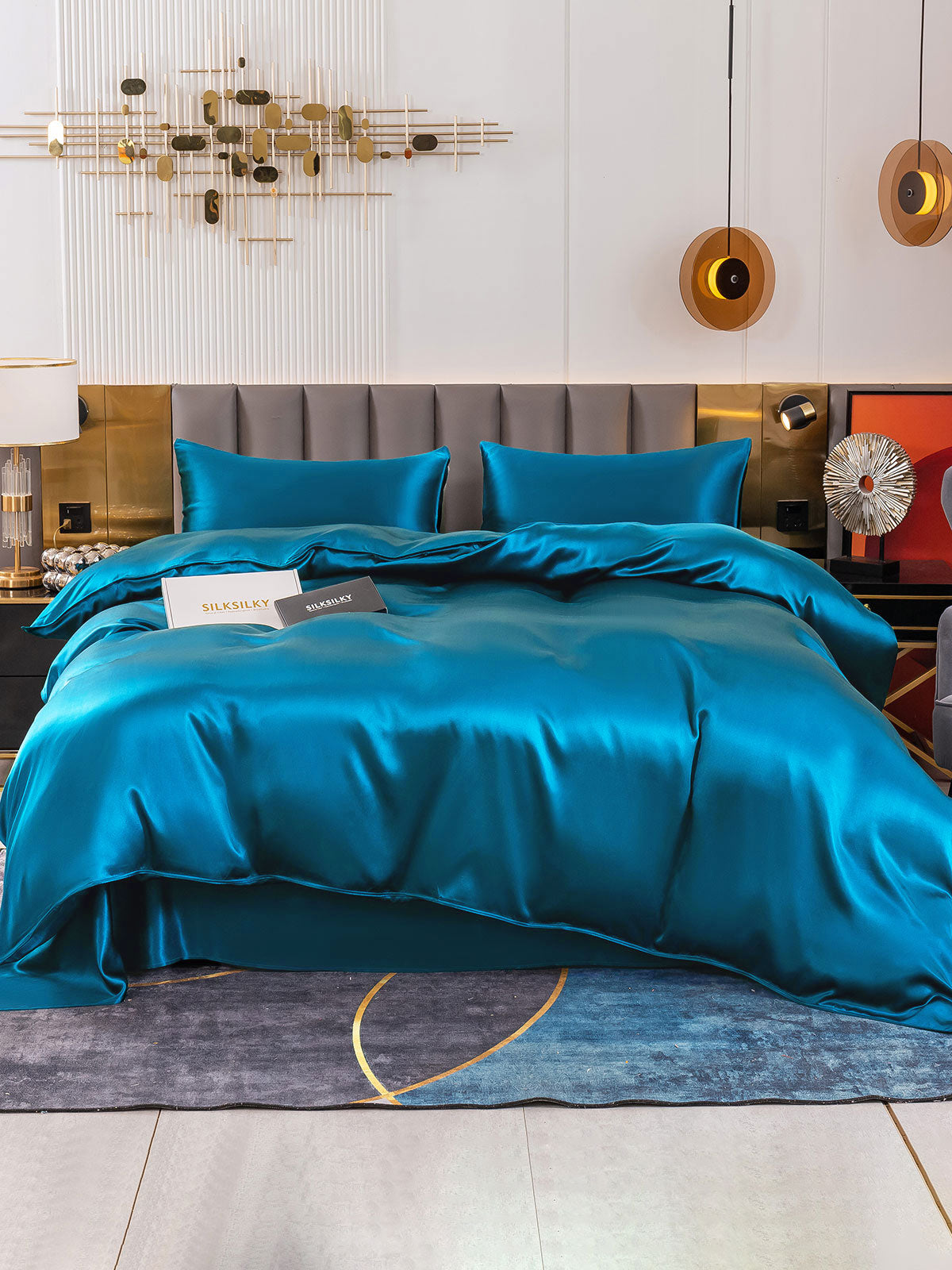 [Blågrøn] SilkSilky-DK 19Momme Bedding Set 002