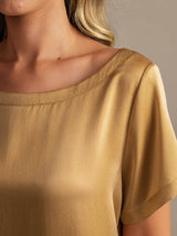 [Tan] SilkSilky-DK 19Momme Kort ærme Rund Hals Dame Pyjamas 004