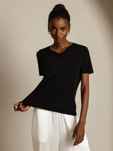 [Sort] SilkSilky-DK Short Sleeve V Neck T-shirt til kvinder 006