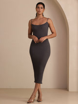 [Grå] SilkSilky-DK Square Neck Kjole 001
