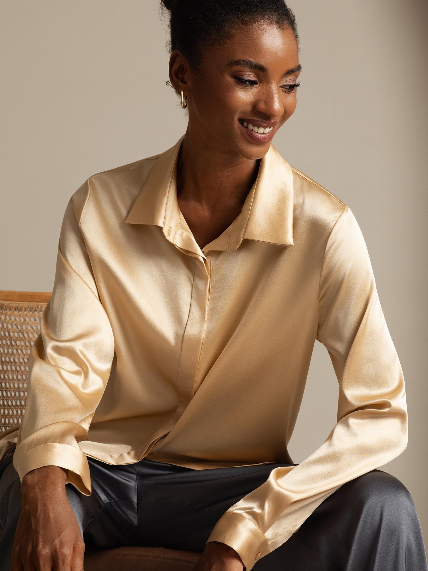 [Champagne] SilkSilky-DK 19Momme Silke Womens Shirt 001