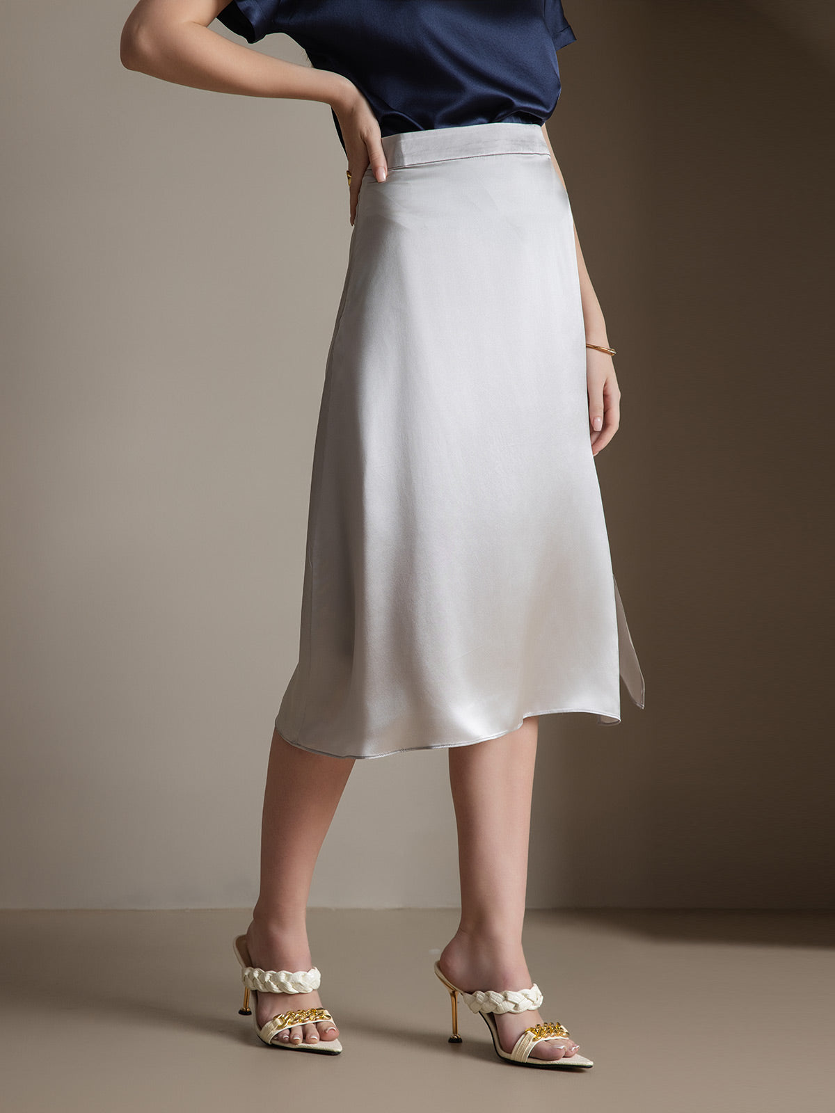 [Lysegrå] SilkSilky-DK 19Momme Silke Skirt 004