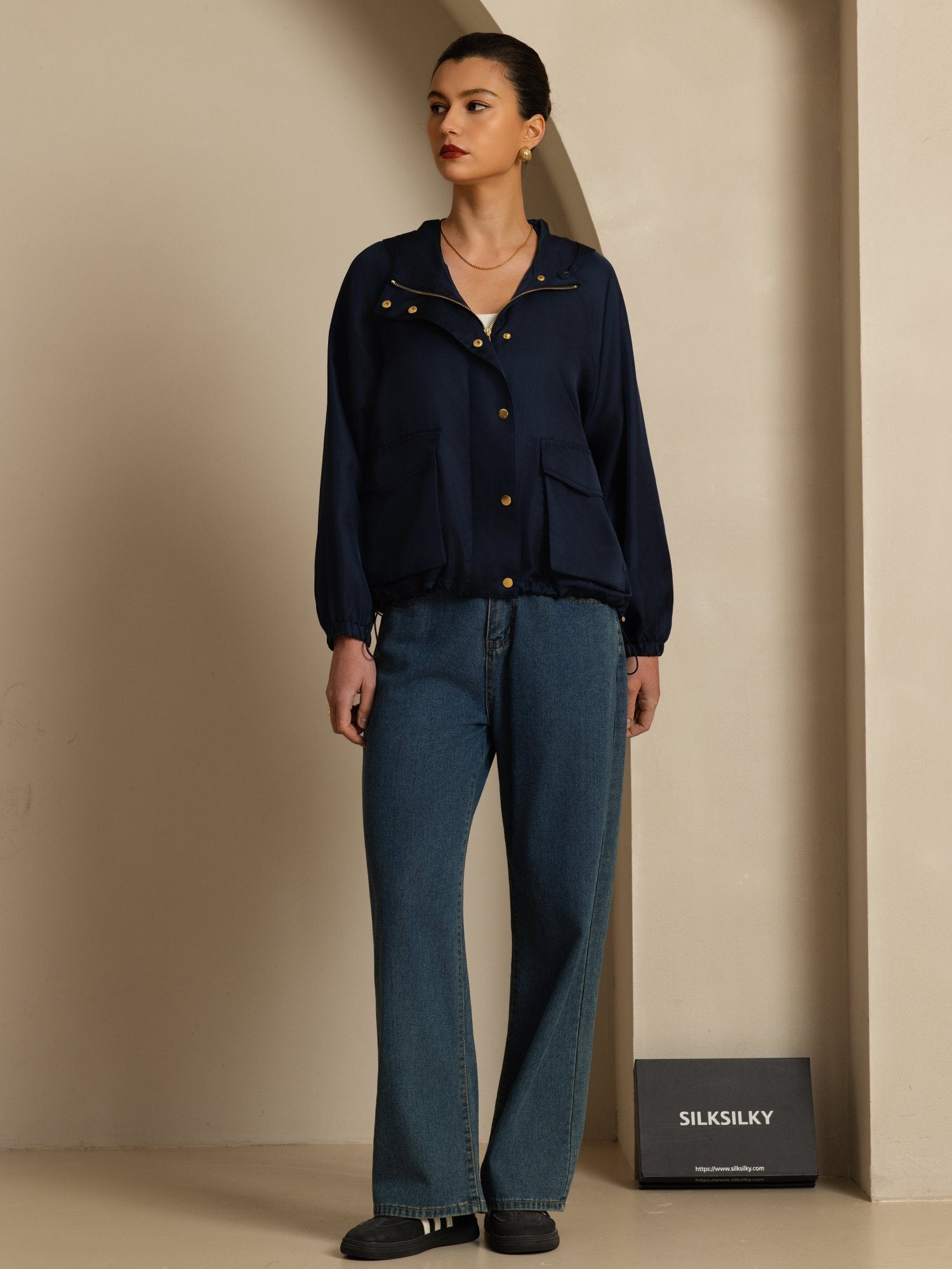 [Mørkeblå] SilkSilky-DK Langærmet Høj Hals Overtøj til Kvinder 007