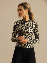 [Leopard] SilkSilky-DK Langærmet Falsk Krave T-shirt til kvinder 004
