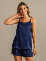 [Mørkeblå] SilkSilky-DK 19Momme Silke Spaghetti Rem Camisole Set 003