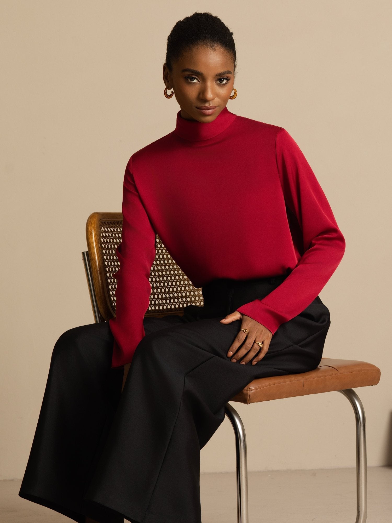 [Vin] SilkSilky-DK 19Momme Silke Langærmet Rullekrave T-shirt til kvinder 007