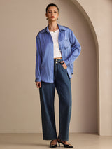 [Blå Nålestribet] SilkSilky-DK Long Sleeve Lapel Collar Dameskjorte 007