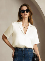 [Elfenben] SilkSilky-DK Short Sleeve Lapel Collar Dameskjorte 003
