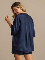 [Mørkeblå] SilkSilky-DK 19Momme Halv ærme Notchkrage Dame Pyjamas 002