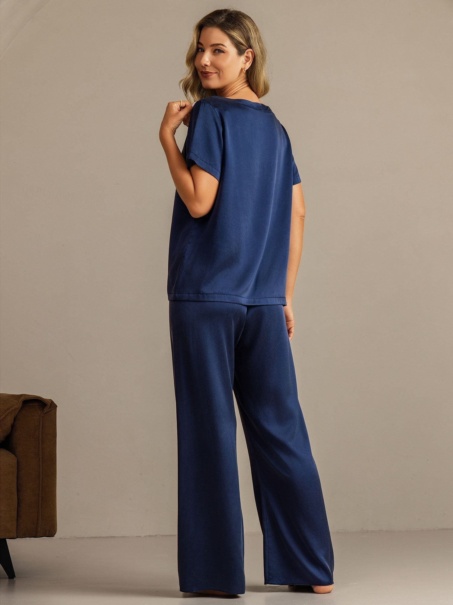 [Mørkeblå] SilkSilky-DK 19Momme Silke Womens Pajamas 002