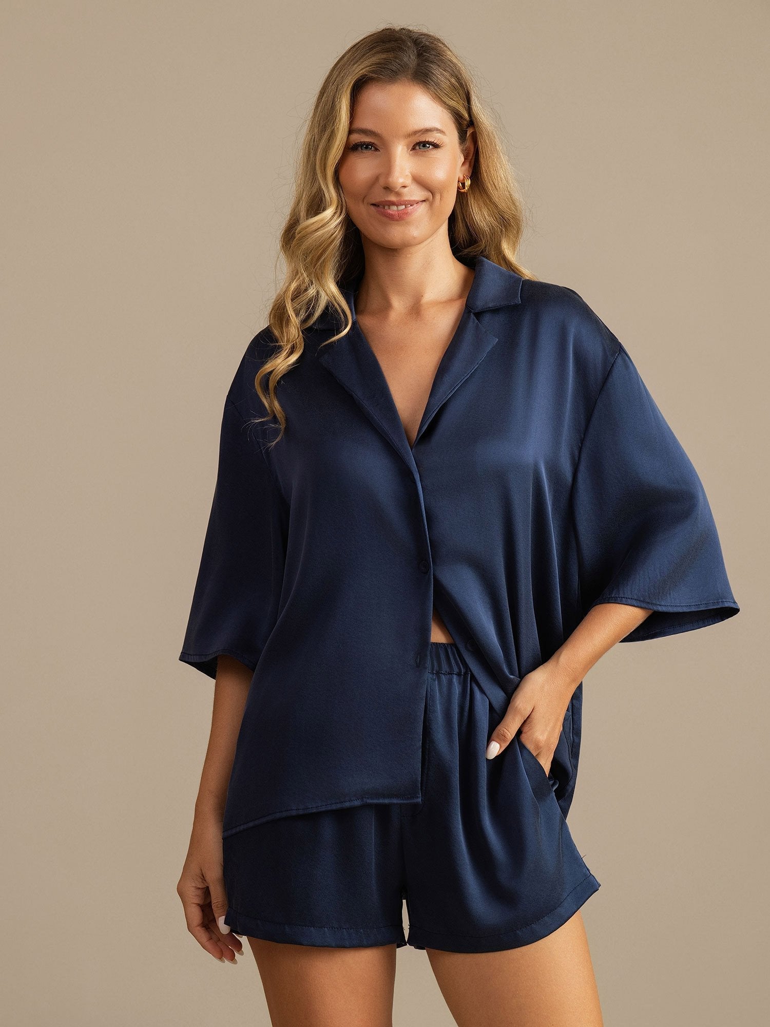 [Mørkeblå] SilkSilky-DK 19Momme Silke Womens Pajamas 006,