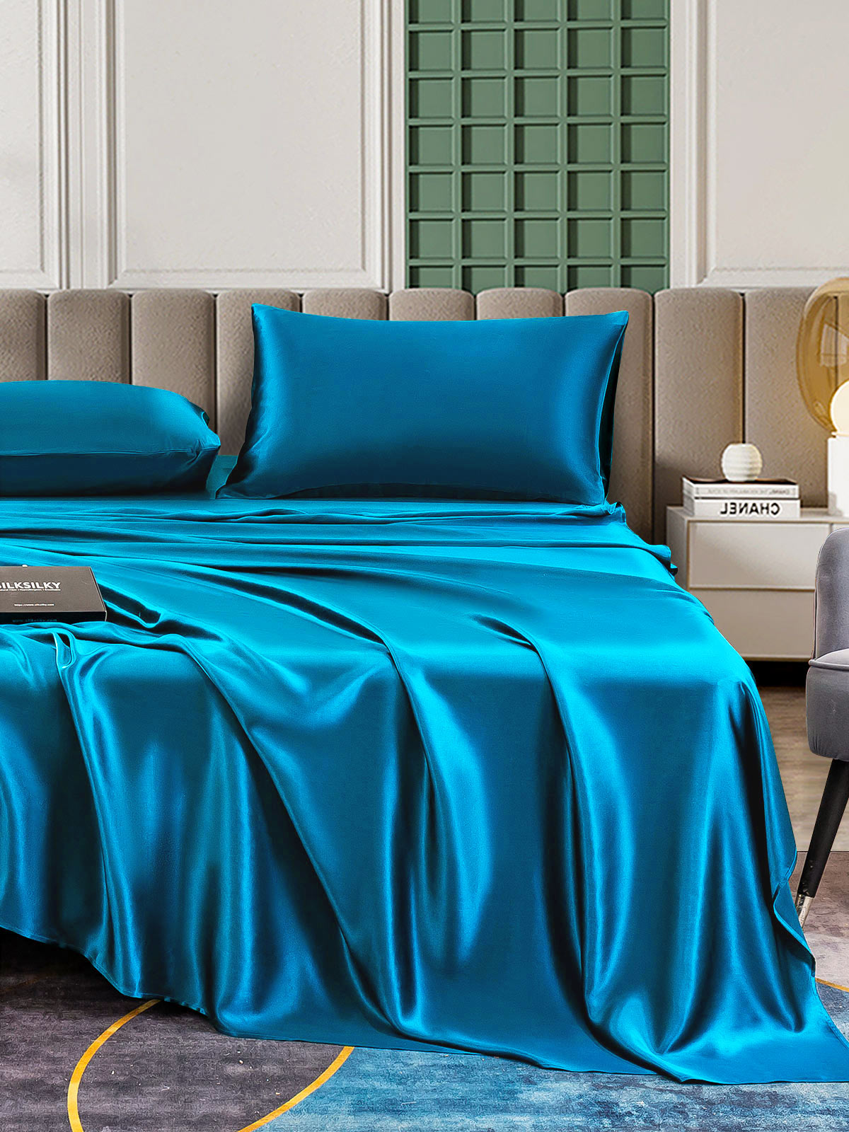 [Blågrøn] SilkSilky-DK 25Momme Bedding Set 004