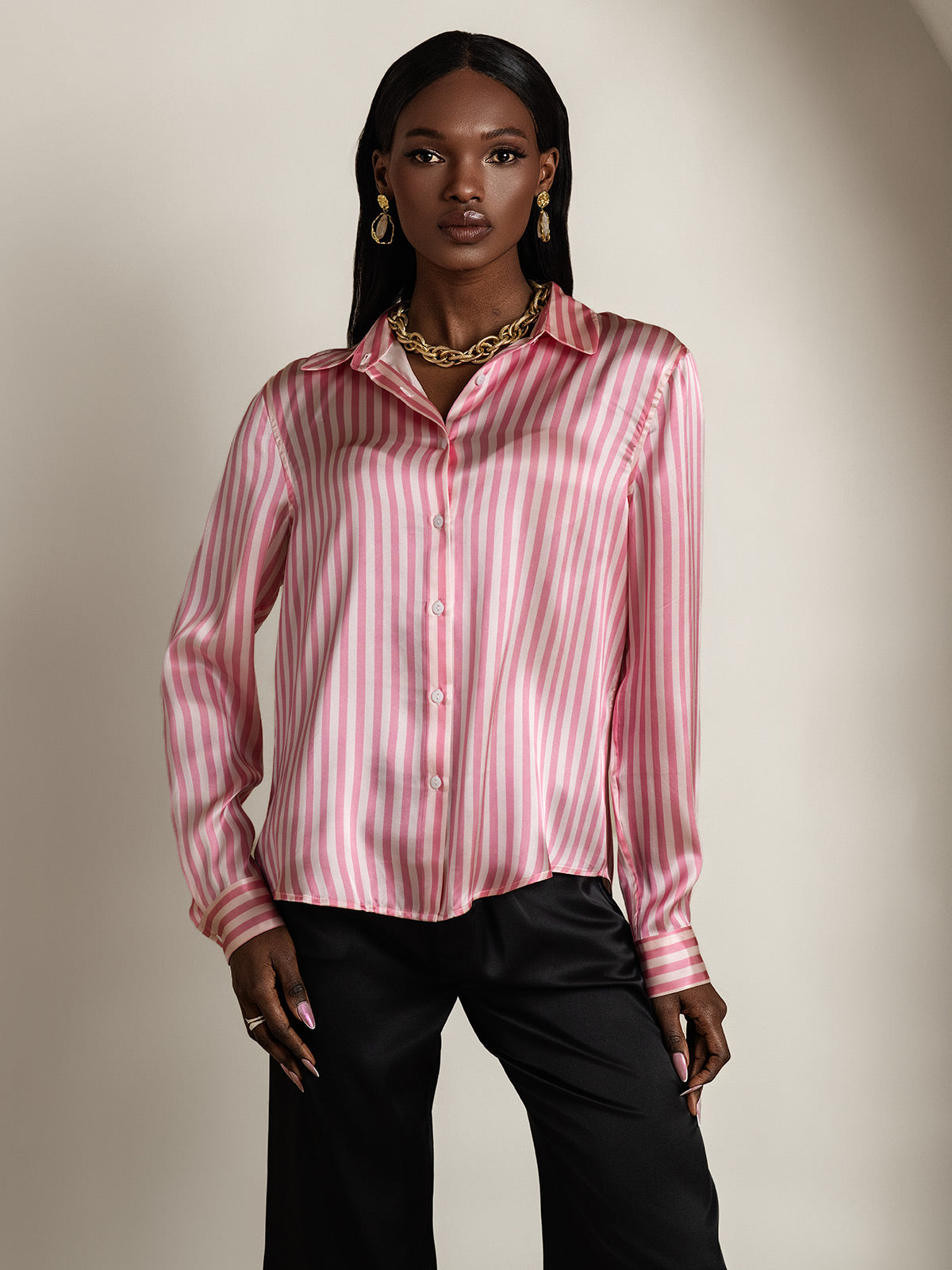 [Lyserød] SilkSilky-DK Silke Lapel Collar Dameskjorte 006
