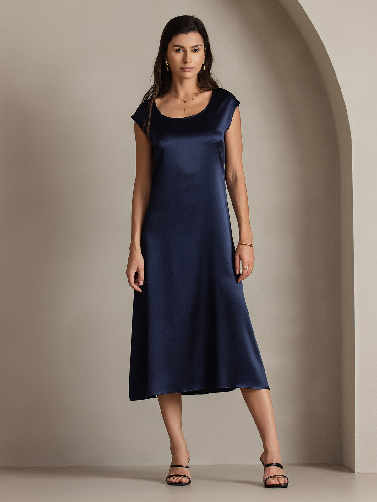 [Mørkeblå] SilkSilky-DK 19Momme Silke Dress 005