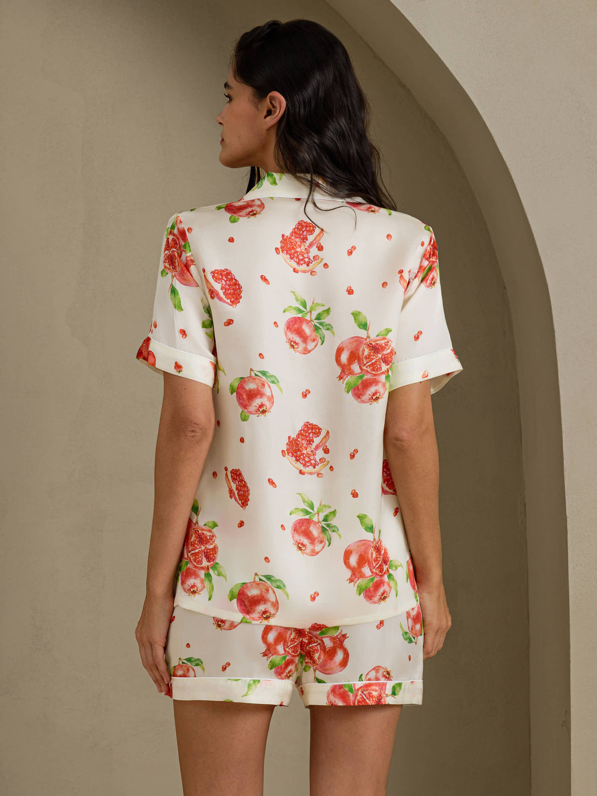 [Hvidt Granatæble] SilkSilky-DK Short Sleeve Notch Collar Dame Pyjamas 002