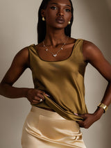 [Brun] SilkSilky-DK 19Momme Ærmeløs Dyb Rund Halsudskæring Camisole Top 003