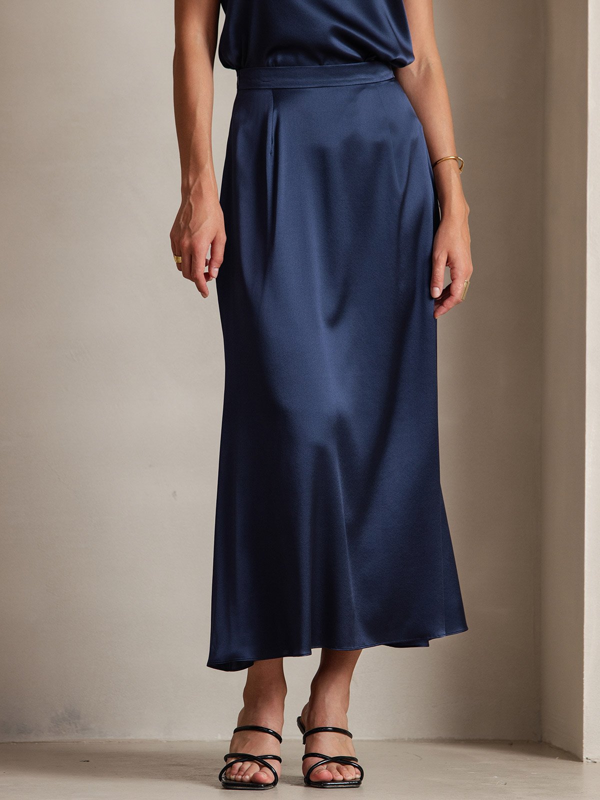 [Mørkeblå] SilkSilky-DK 19Momme Silke Skirt 001