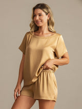 [Tan] SilkSilky-DK 19Momme Kort ærme Rund Hals Dame Pyjamas 006