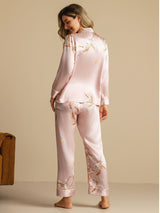 [Lyserød] SilkSilky-DK 19Momme Langærmet Notchkrage Dame Pyjamas 002