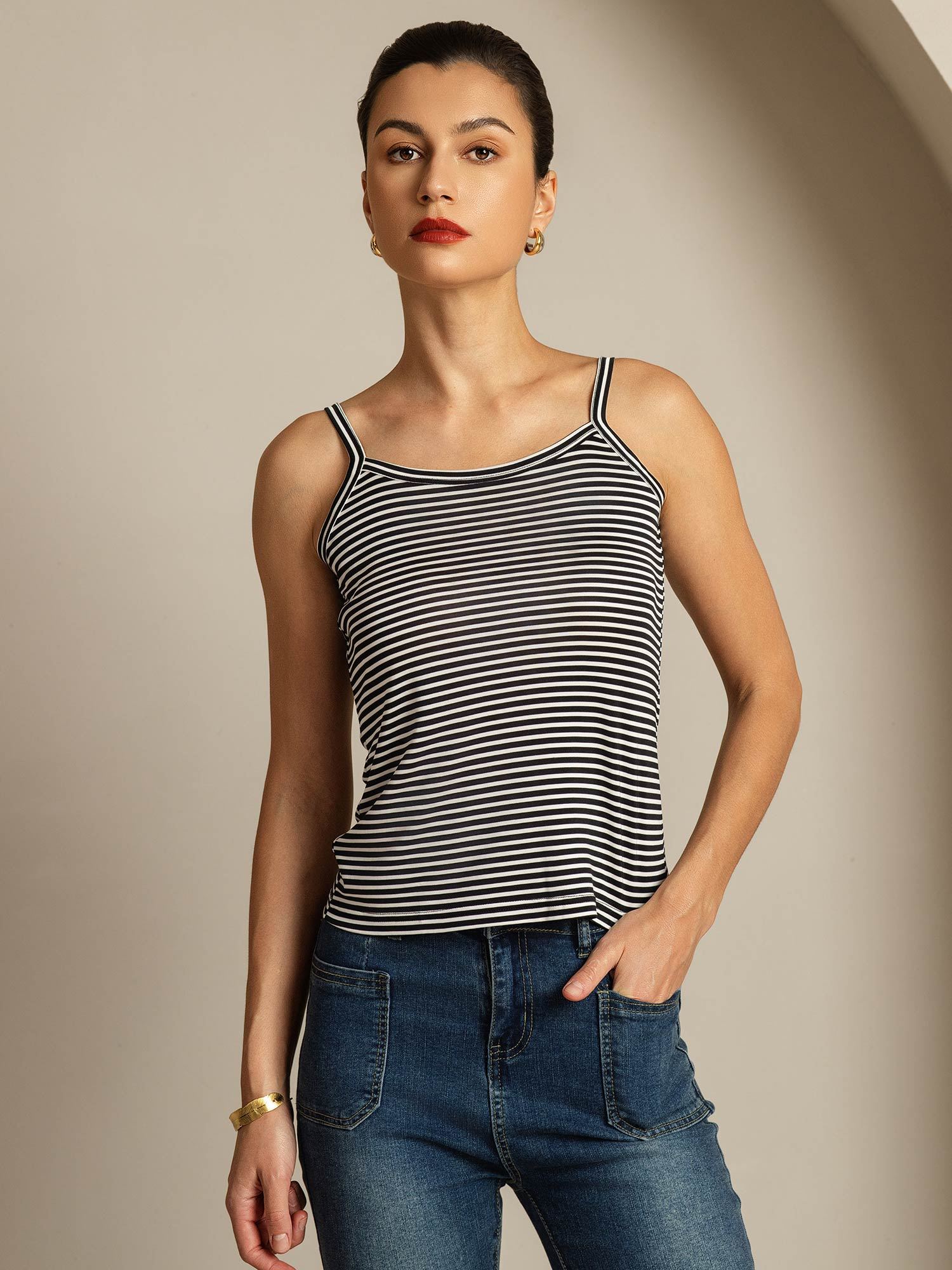 [Sort Stribe] SilkSilky-DK Square Neck Camisole Top 001