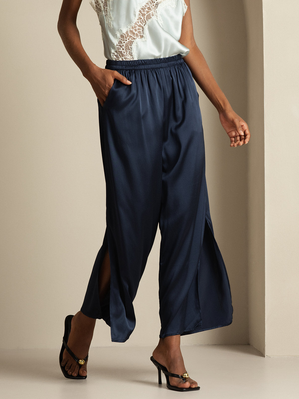 [Mørkeblå] SilkSilky-DK 19Momme Silke Womens Pants 003