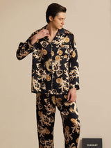 [Sort Drage] SilkSilky-DK Long Sleeve Notch Collar Pyjamas til Mænd 003