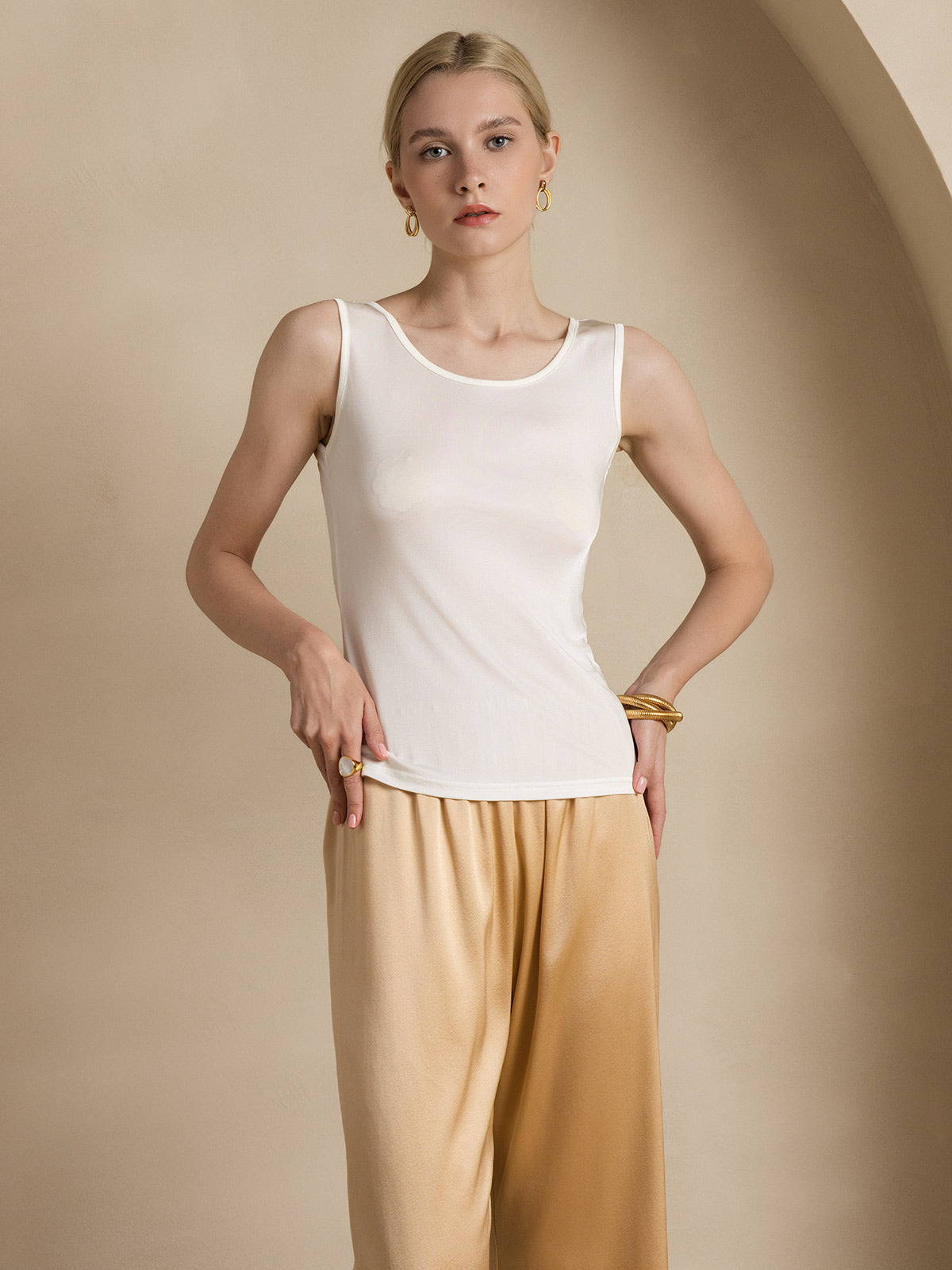 [Hvid] SilkSilky-DK Silk Knitted Sleeveless Round Neck T-shirt til kvinder 005