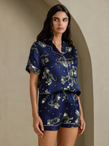 [Marineblå Løve] SilkSilky-DK Short Sleeve Notch Collar Dame Pyjamas 004