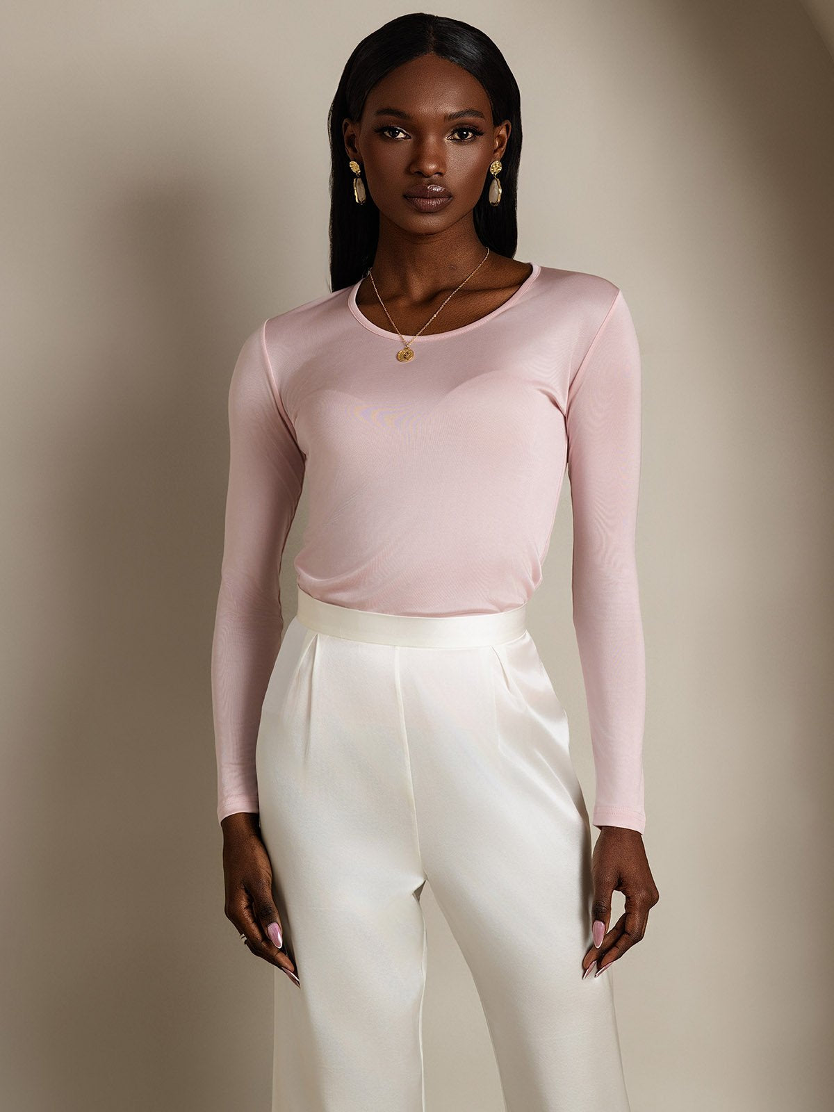 [Koralrosa] SilkSilky-DK Silke Long Sleeve Round Neck T-shirt til kvinder 001