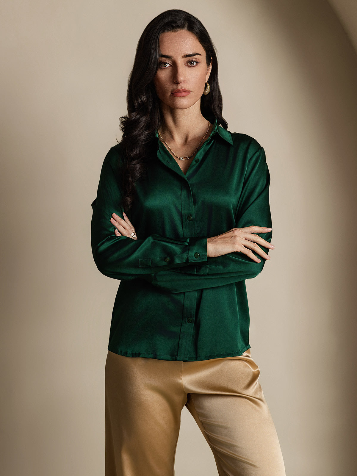 SilkSilky-DK 19Momme Silke Womens Shirt Mørkegrøn 005