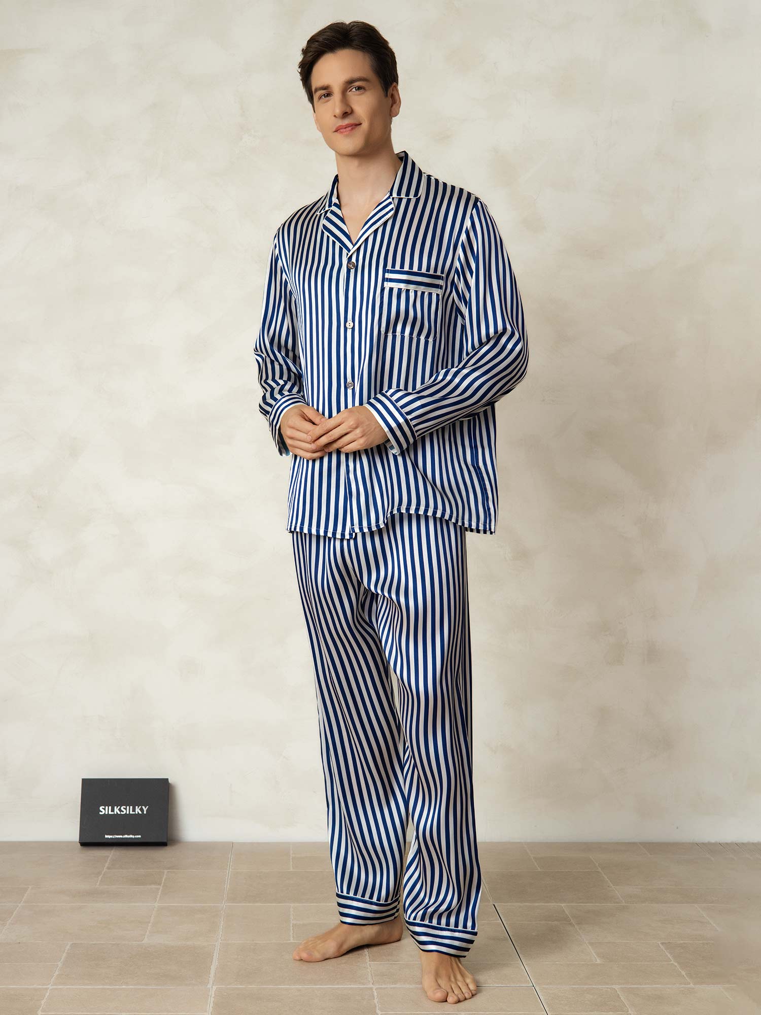 [Marine Stribe] SilkSilky-DK 19Momme Mens Pajamas 007