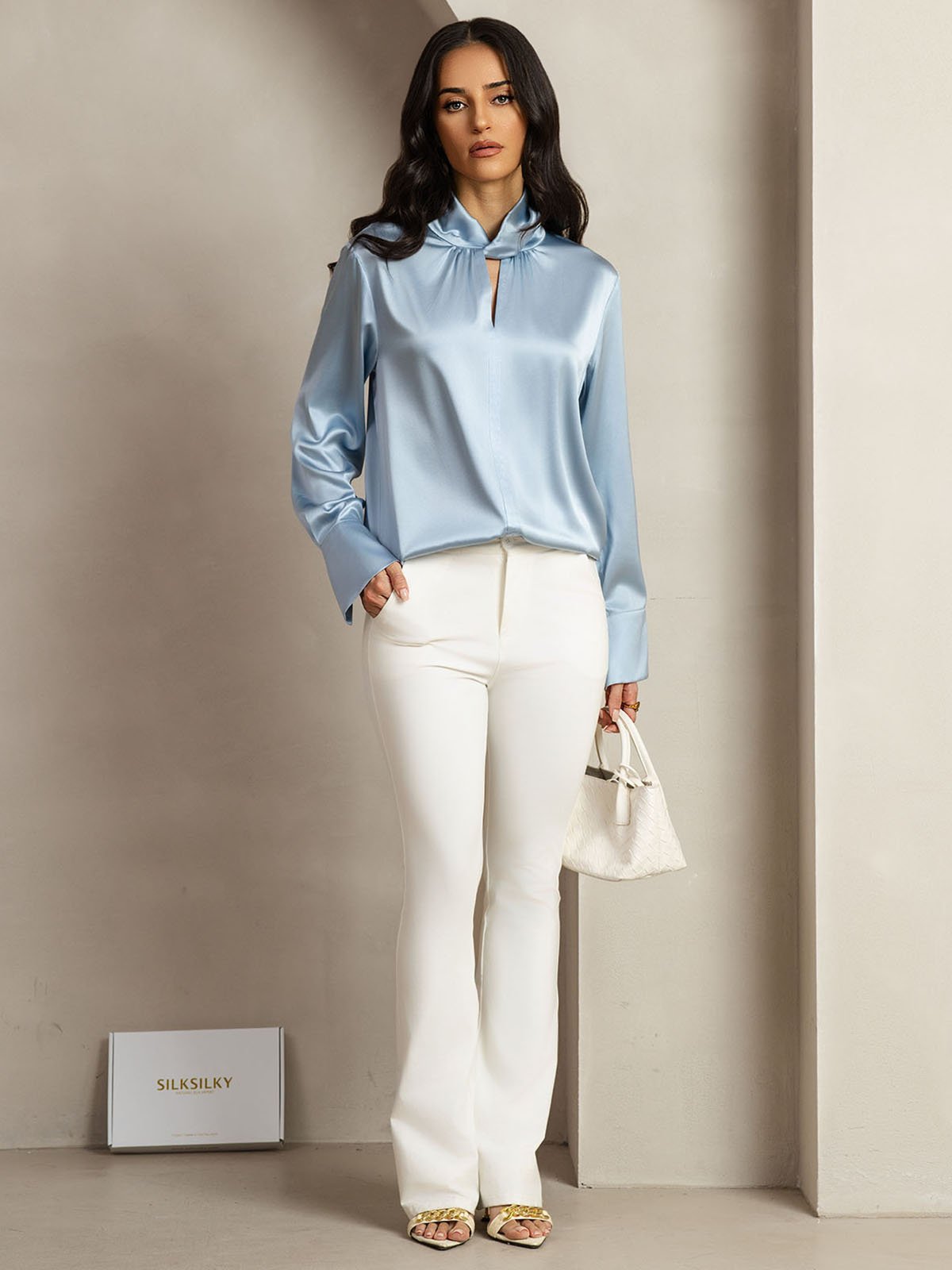 [Gråblå] SilkSilky-DK 19Momme Silke Womens Shirt 010