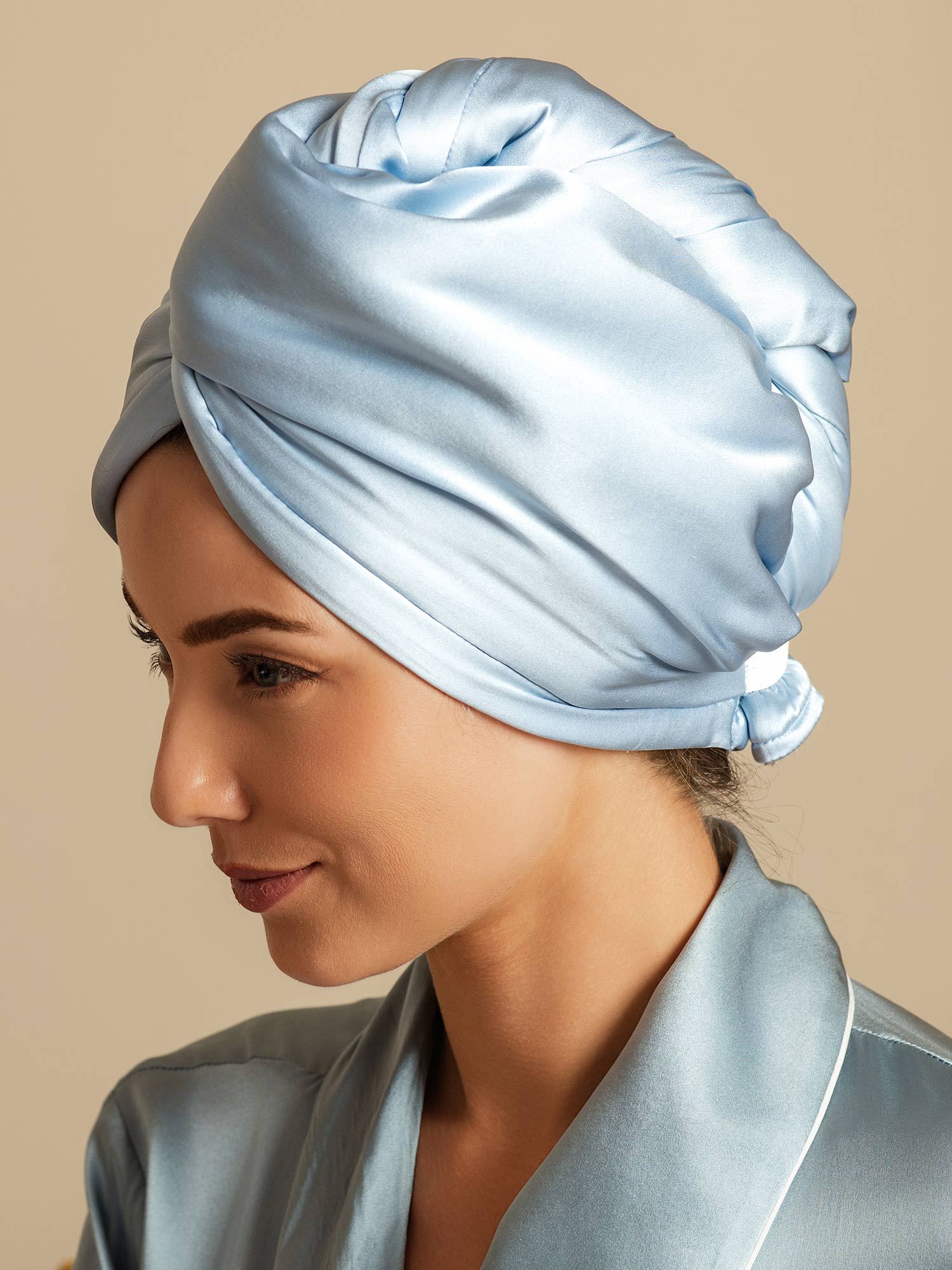 [Himmelblå] SilkSilky-DK Silke Hair Towel Wrap 004,