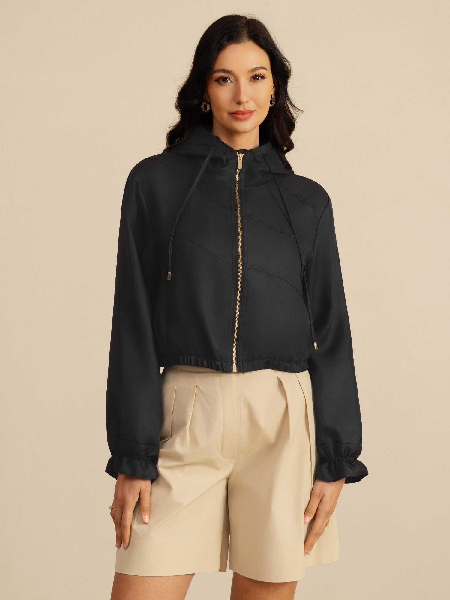 [Sort] SilkSilky-DK 18Momme Langærmet Høj Hals Overtøj til Kvinder 001