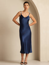 [Mørkeblå] SilkSilky-DK Sleeveless V Neck Kjole 003