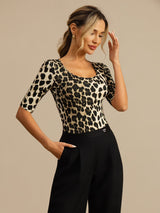 [Leopard] SilkSilky-DK Halv ærme Dyb Rund Halsudskæring T-shirt til kvinder 005