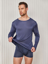 [Mørkeblå] SilkSilky-DK Long Sleeve Round Neck Herre T-shirt 004