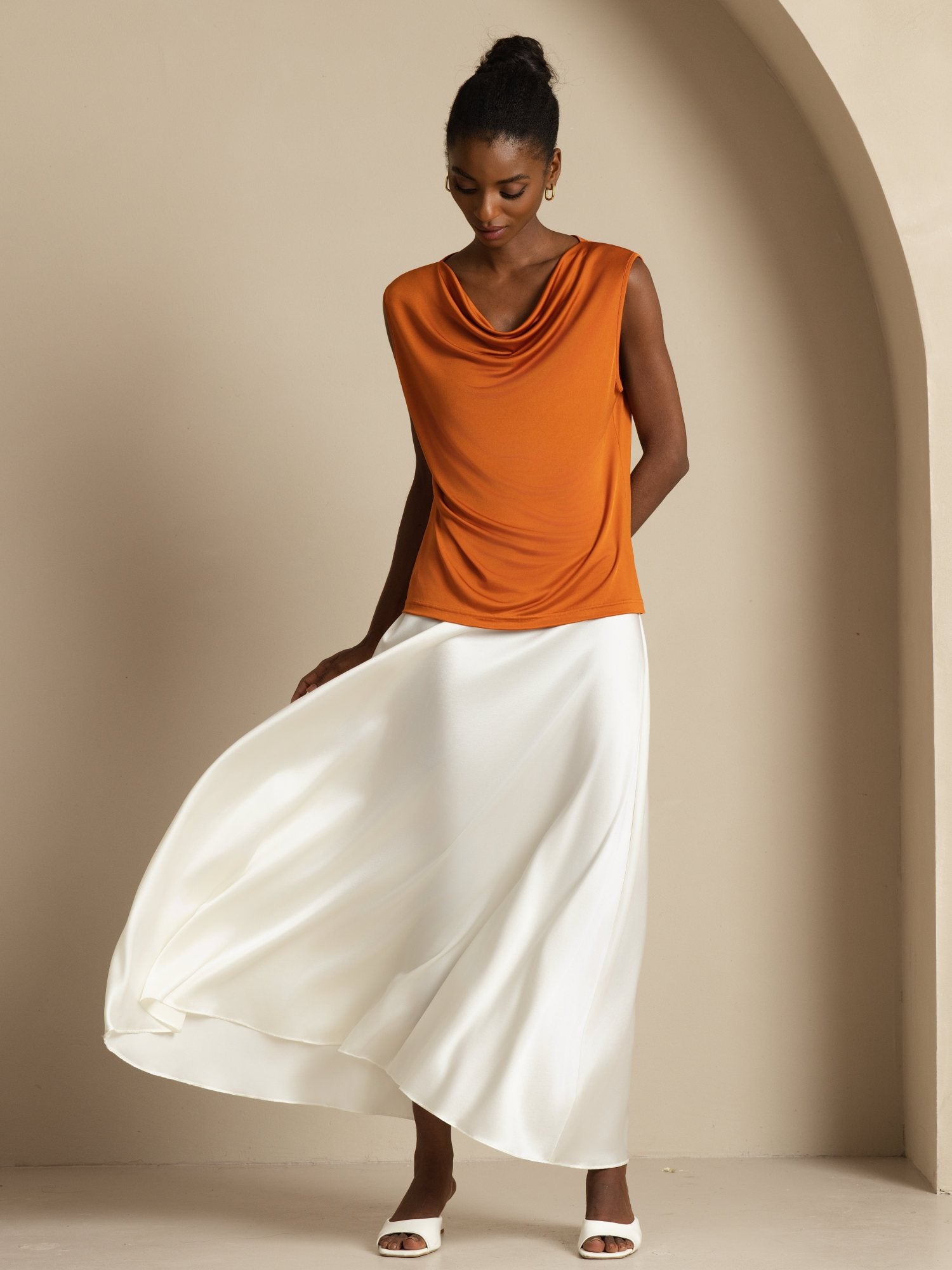 [Orange] SilkSilky-DK Ærmeløs Drapert halsutringning T-shirt til kvinder 004