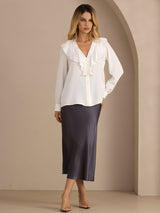 [Hvid] SilkSilky-DK Long Sleeve Deep V Neck Damebluser 005