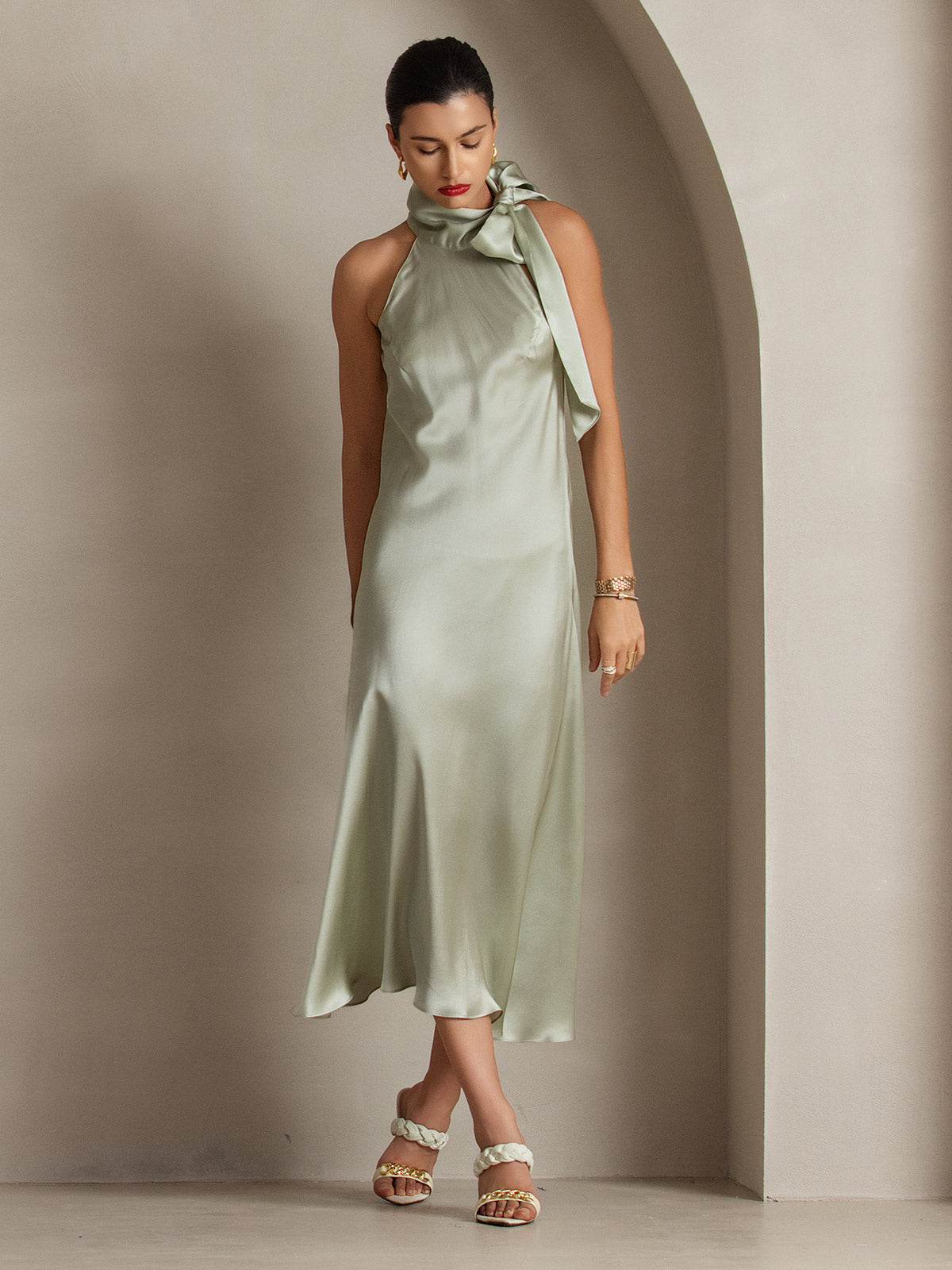 [Lysegrøn] SilkSilky-DK 19Momme Silke Dress 007