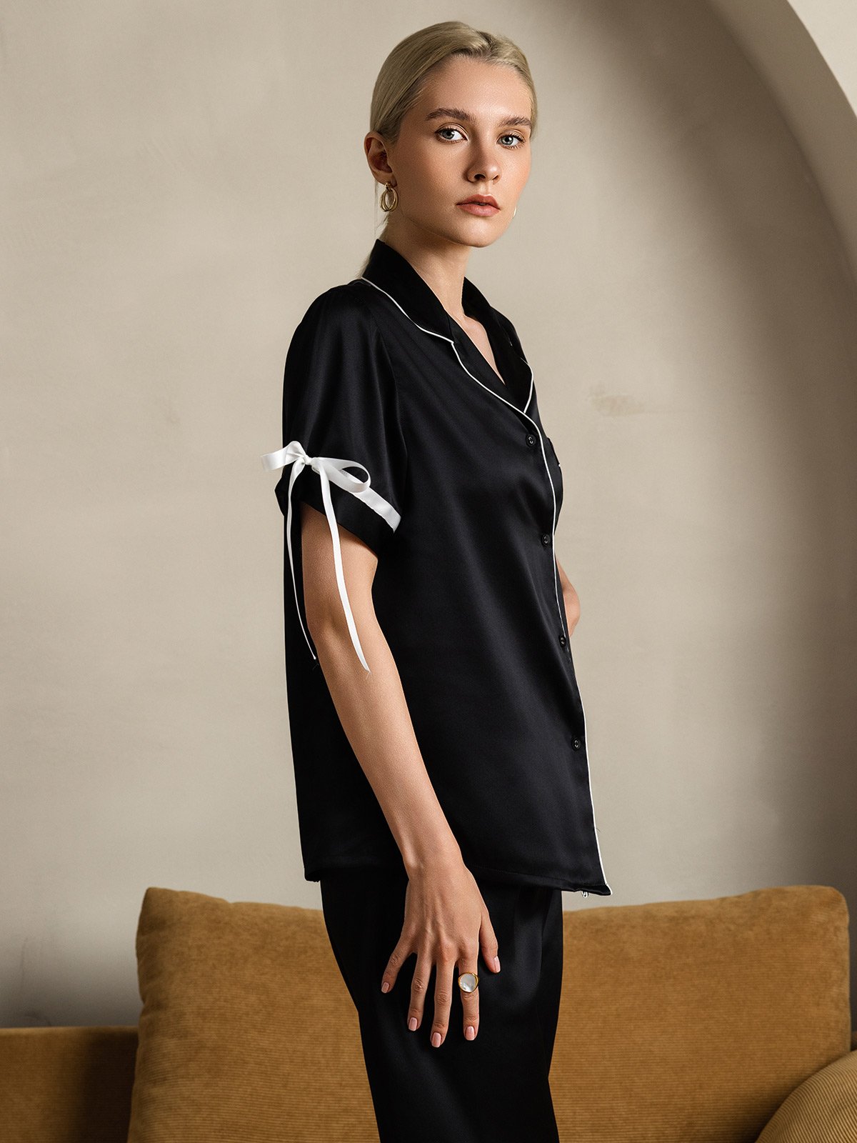 [Sort] SilkSilky-DK Silke Short Sleeve Revers Dame Pyjamas 006