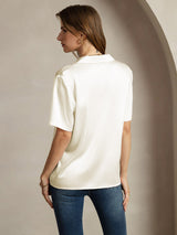 [Elfenben] SilkSilky-DK Short Sleeve Lapel Collar Dameskjorte 002