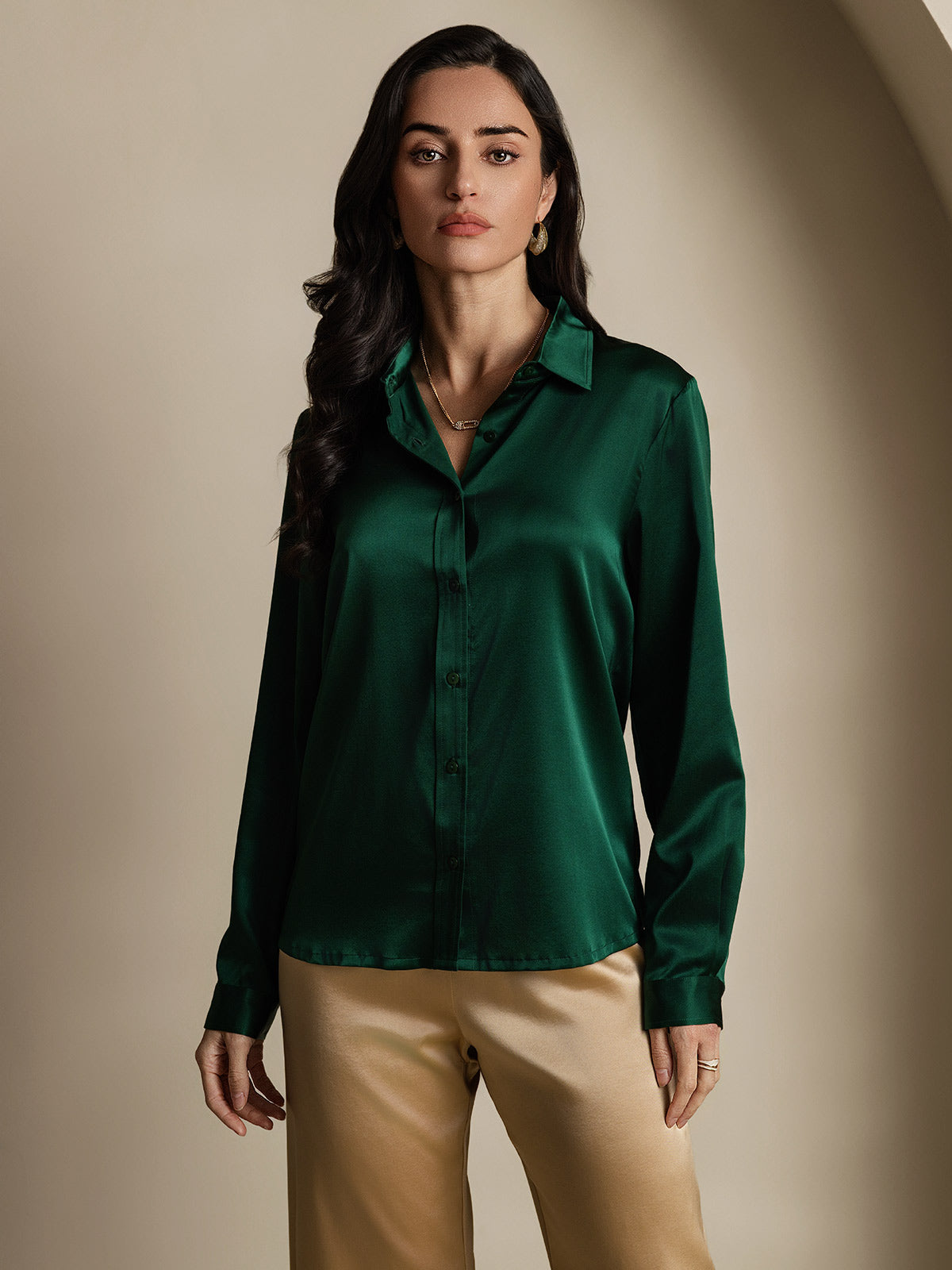 SilkSilky-DK 19Momme Silke Womens Shirt Mørkegrøn 004
