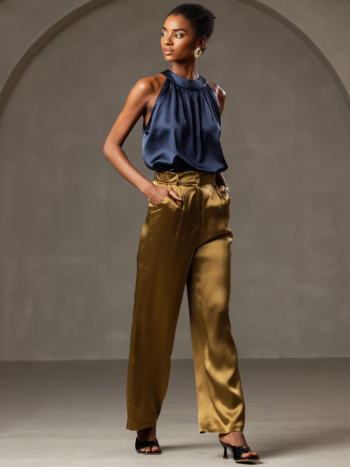 [Mørkeblå] SilkSilky-DK 19Momme Silke Womens T-Shirt 006