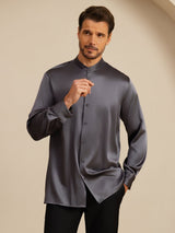 [Mørkegrå] SilkSilky-DK Long Sleeve Stand Collar Herreskjorte 004