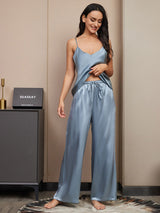 [Gråblå] SilkSilky-DK Spaghetti Rem V Hals Camisole Sæt 003